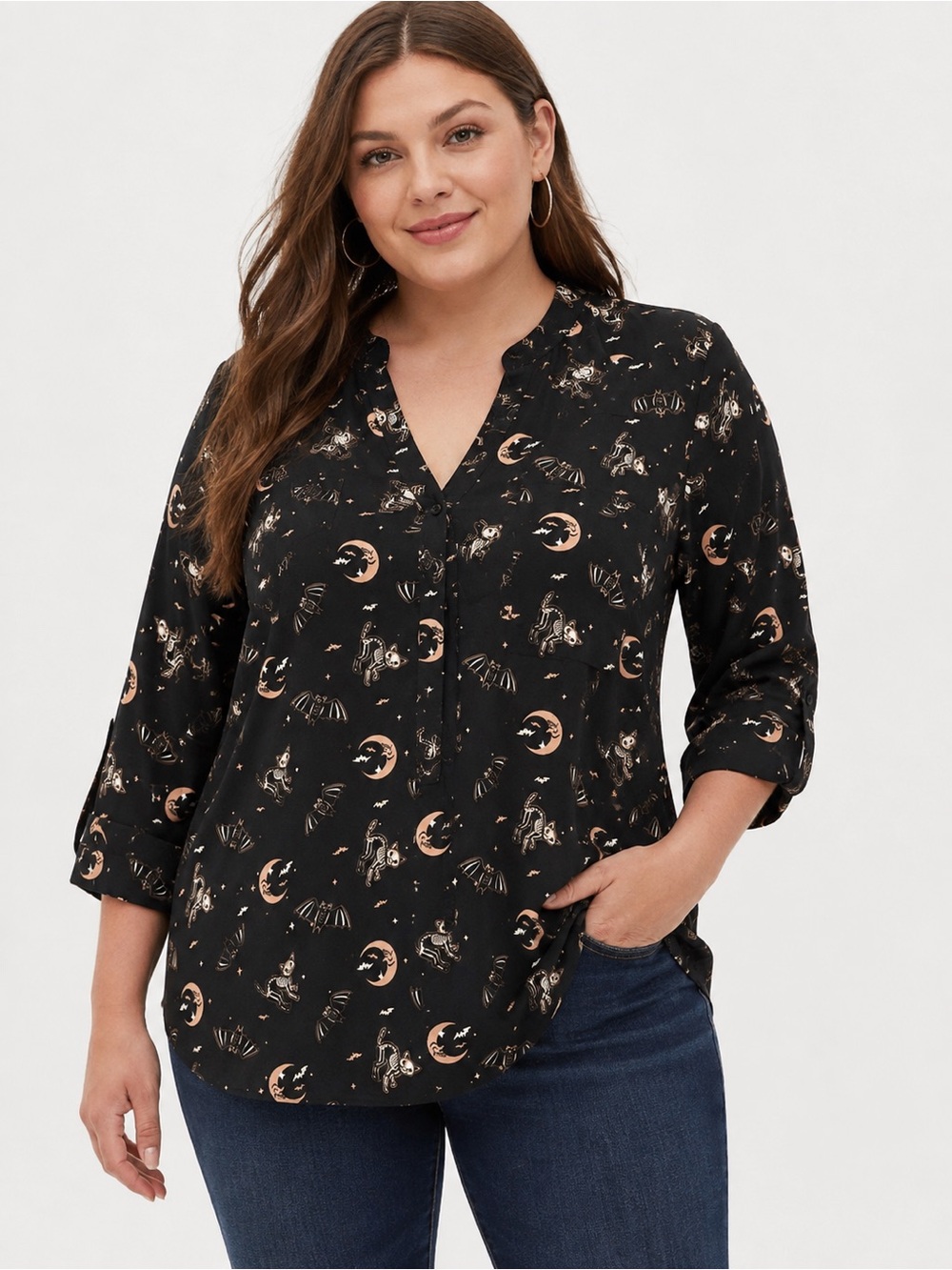 Torrid Harper Spooky Cats Bats Moon Halloween Blouse Size 3 Size 22-24 Approx